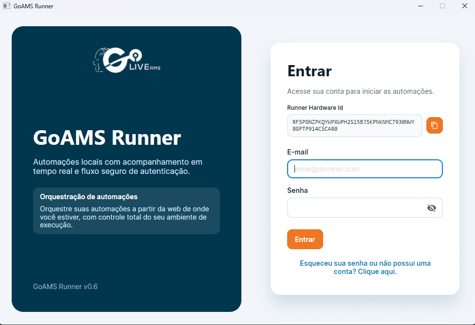 Tela de login do Runner Go AMS