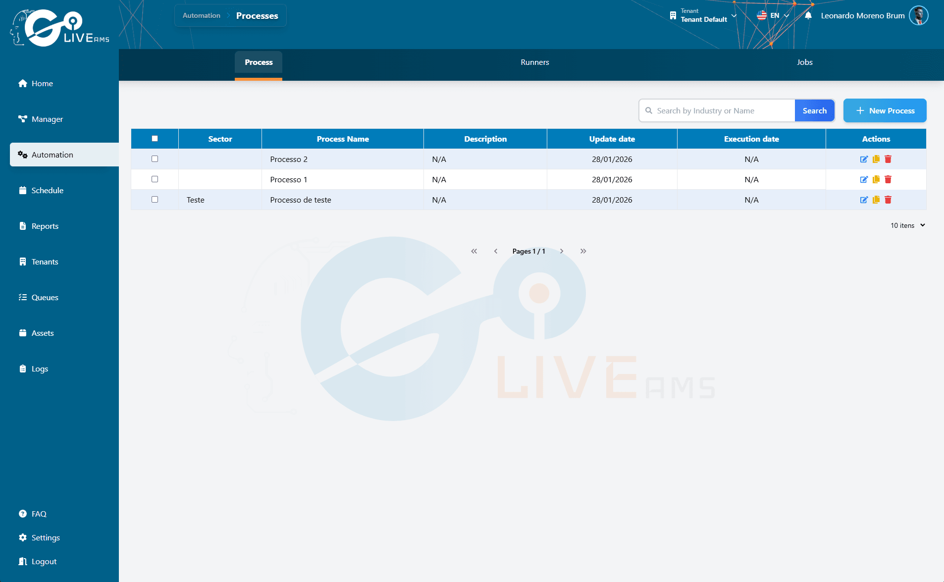 Tela de listagem de processos no Go AMS
