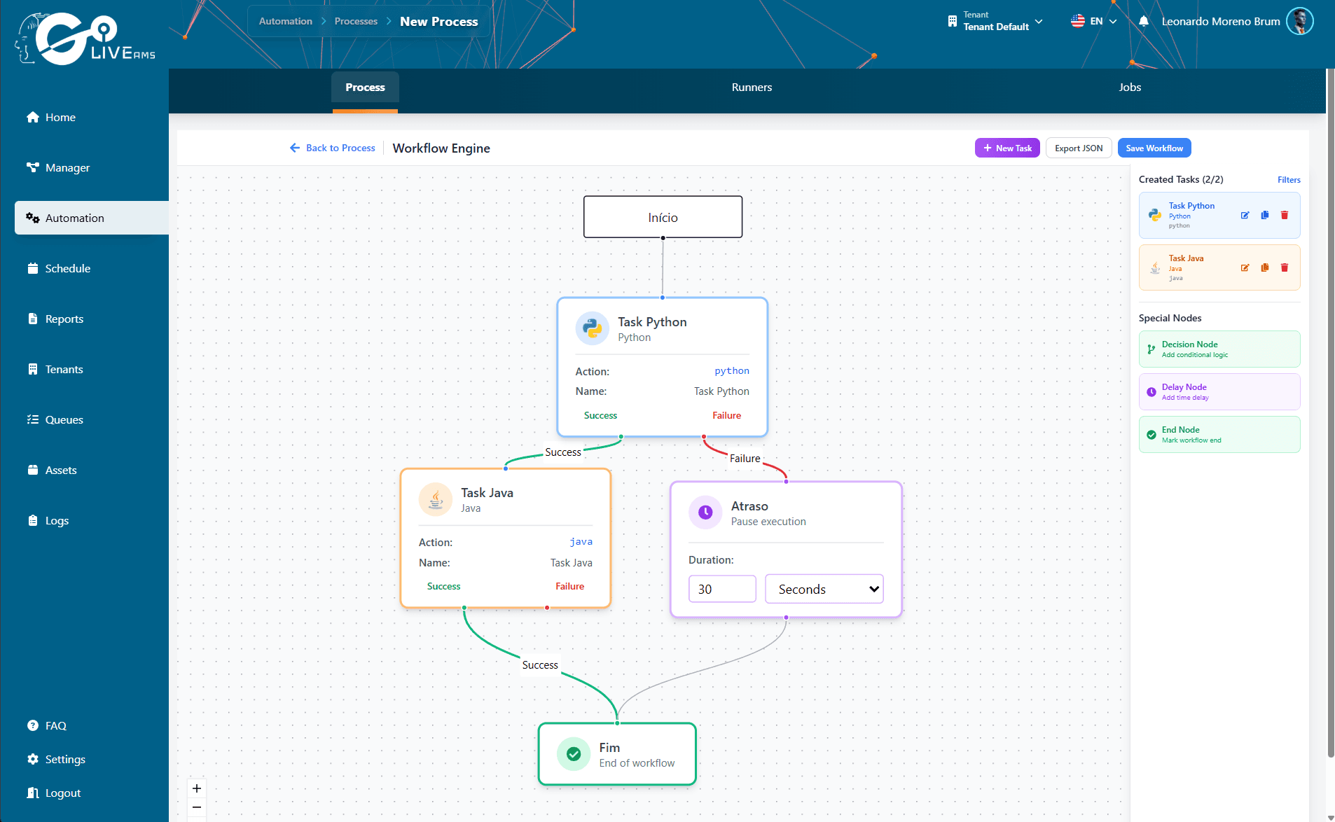 Editor de workflow de processo no Go AMS